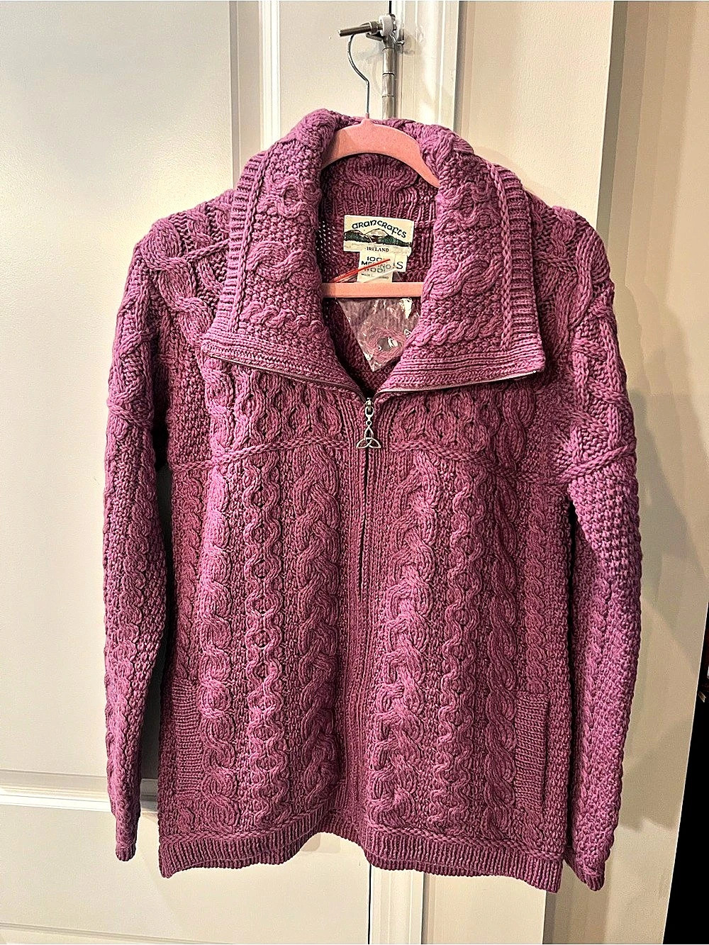 Aran Crafts Merino Wool Cable Knit Full Zip Cardigan Purple Small